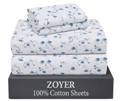 "ZOYER 100% Cotton Sheets - Cooling & Crisp Queen Size Percale Sheets, 16"" Deep Pockets Bed Set, Lightweight & Breathable, Durable, 4 Pieces, La Laa Flower"
