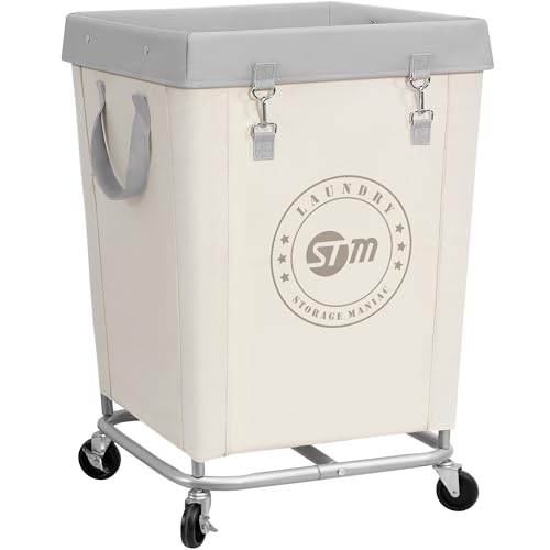 STORAGE MANIAC Commercial Laundry Hamper with Heavy Duty Steel Frame, 160 L Industrial Laundry Basket Cart with Wheels for Hotel, Home, Laundry Room, 17.72''L x 17.72''W x 30.91''H, Medium Beige