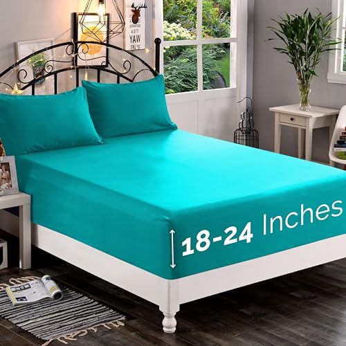 Elegant Comfort 1500 Premium Quality Fitted Sheet Ultra Soft 18-24 Inch Extra Deep Pocket - Single Fitted Sheet for High Mattress - Wrinkle Free with Smart Storage Pockets, Twin/Twin XL, Turquoise