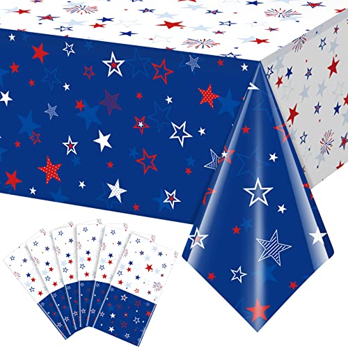 6 Pack Patriotic Tablecloth Decorations for 4th of July Independence Day, Plastic Memorial Day Table Cover Printed with Stars and Fireworks for Patriotic Themed Party Supplies, 54 x 108 Inch
