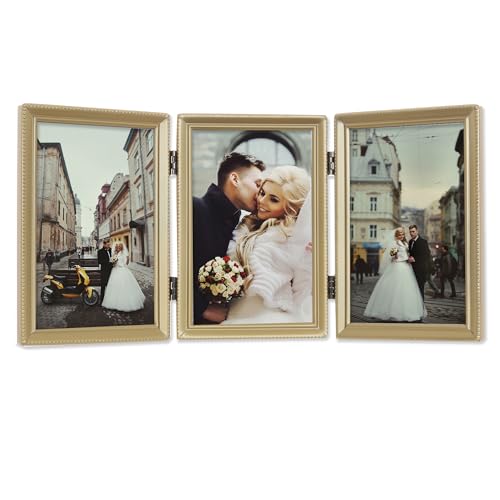 Lawrence Frames Antique Brass 4x6 Hinged Triple Picture Frame - Bead Border Design, Satin Gold