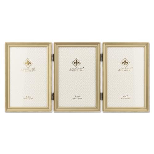 Lawrence Frames Antique Brass 4x6 Hinged Triple Picture Frame - Bead Border Design, Satin Gold