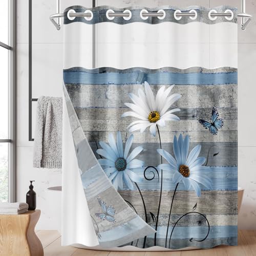 Nesphy No Hook Blue Daisy and Butterfly Shower Curtain with Snap in Fabric Liner Set, Rustic Farmhouse Double Layers Waterproof Fabric with See Through Top Window Open Grommet Bath Curtain 71x86 Inch
