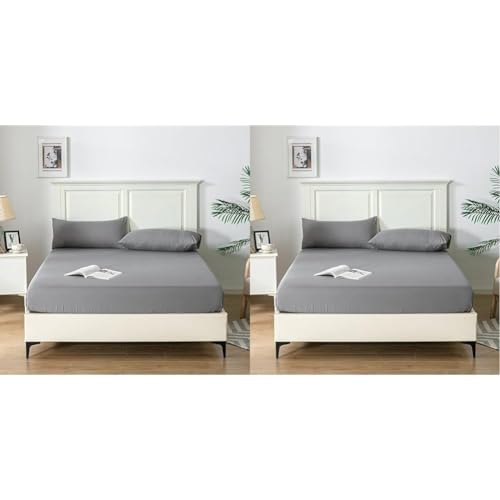 Good Nite Double Fitted Sheet Bed Sheets 25CM Extra Deep Pocket Soft and Breathable Fitted Bedding Sheets (Dark Gray, Double) (Pack of 2)