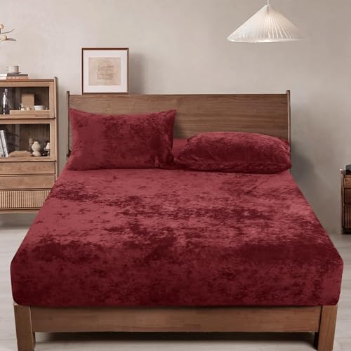 "PHF Truly Velvet Fitted Sheet Only Queen Size, Christmas Luxury Super Soft Cozy Fuzzy Fleece Bottom Sheet with Deep Pocket Up to 16"", Suitable for Fall Winter Spring, No Pillowcases,Wine Red"