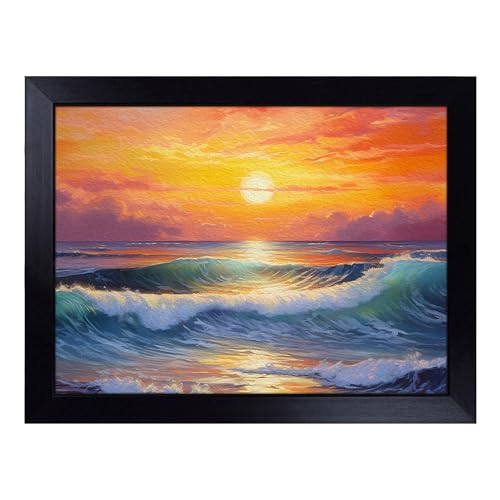 Lap Tray with Bean Bag Cushion, Seascape Art Informel Art - Handmade in the UK, Raised Wooden Edge, Padded Cushion, Heat-Resistant Wipe-Clean Surface, for Meals, Laptops and Crafts