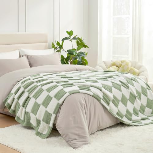 Snuggle Sac Faux Fur Checkered Blanket Twin Size with Soft Knitted Microfiber,Cozy Soft Warm Blanket for Sofa Bedroom Living Room,Sage Green Checker,60x80 inches,