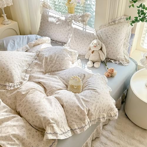AMZTOP Floral Twin Size Duvet Cover with Lace Ruffles Soft 100% Cotton Comforter Cover Set for Teen Girls Kids,Blue Flower Cute Bedding Set 3 Pieces,Includes 1 Duvet Cover& 2 Pillowcases