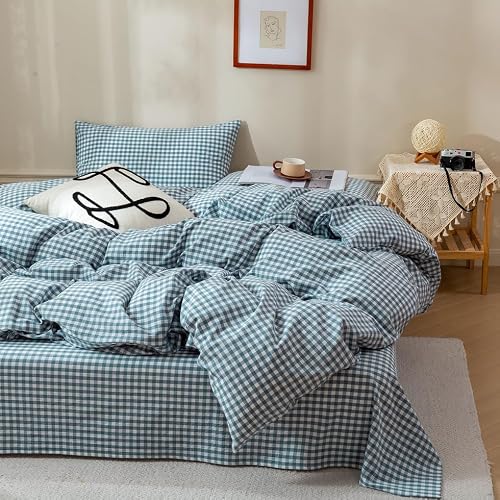 EAVD Blue Gingham Comforter Set King Soft Fluffy White and Blue Plaid Bedding Set with 2 Pillowcases Modern Grid Plaid Comforter Set Reversible Farmhouse Gingham Bedding Set for All-Season