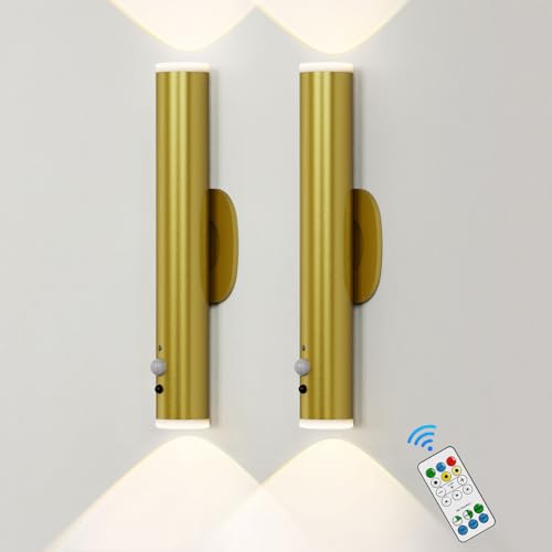 HARPER LIVING Gold Battery Operated Wall Lights with Motion Sensor, Rechargeable Wall Lamp Indoor, Dimmable & 3 Colours, LED Wall Sconce Lights for Living Room Bedroom Hallway Power Cut, (Set of 2)