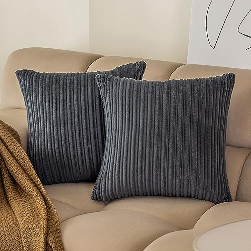 Kevin Textile Decorative Throw Pillow Covers Pack of 2 Corduroy Soft Soild Pillow Cases Square Pillowcases for Cushion Couch Sofa Bedroom Living Room 22 x 22 Inch, Dark Grey