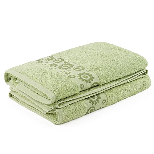 Go West Floral Jacquard Bath Towels – Light Green, Pack of 2, Extra Large 70x150 cm, 500 GSM Combed Cotton, Soft & Highly Absorbent
