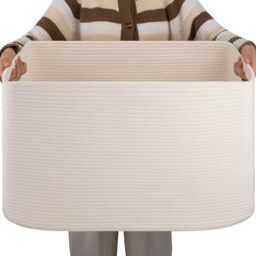 "OIAHOMY XXLarge Rectangle Blanket Basket-96L, Cotton Woven Basket for Storage, Dirty Clothes Basket for Living Room, Nursery, Bedroom, Toy Organizing with Handle, 24"" x 16"" x 15"", White"