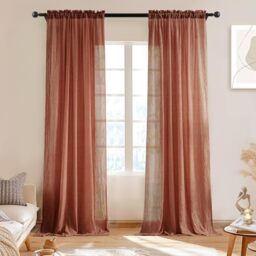 Melodieux Terracotta Sheer Curtains 84 Inches Long for Bedroom Living Room, Natural Cotton Linen Light Filtering Window Sheers, Rustic Rod Pocket Lightweight Curtain Drapes, 52”W x 84”L, 2 Panels