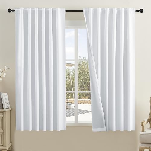 DUALIFE White Curtains 63 Inch Length for Bedroom Back Tab Pocket Burlap Farmhouse Style Noise Reducing Sun Blocking Drapes for Living Room Dining Cabin Cottage W50 x L63,2 Panels,Greyish White