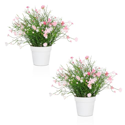 Blafrozzing Artificial Babys Breath Potted Fake Plants with Flowers Faux Plants Indoor for Home Office Bookshelf Table Room Decor, Pink (Pack of 2)
