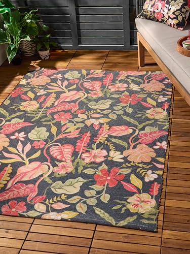 furn. Floral Rug – Indoor/Outdoor Vibrant Floral Washable Weather Resistant Woven Rug (Tropical Bloom Black - 120x170cm