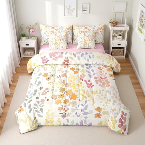 Erosebridal 7 Piece Cute Boho Floral Comforter Set Queen,Bohemian Yellow Flowers Bedding Set for Kids Girls Women,Rustic Colorful Wildflower Bed in a Bag with Fitted Sheet,Flat Sheet,Pillowcases
