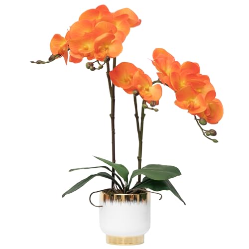 "CXGS Orchids Artificial Flowers Real Touch Fake Flowers in Ceramic Pot 20"" Orange Faux Orchid Plant Lifelike Silk Phalaenopsis for Centerpiece Hotel Home Indoor Decor"