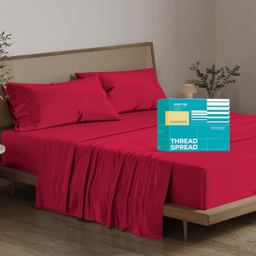 "THREAD SPREAD 100% Egyptian Cotton Sheets California King Size - 800 Thread Count 4 PC Luxury Cal King Sheets, 16"" Deep Pocket Hotel Sheets, Sateen Weave, Extra Soft Cooling Bed Sheets - Red"
