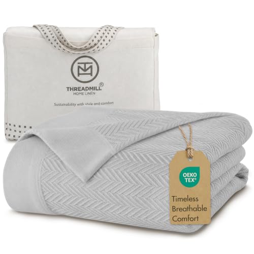 Threadmill 100% Pure Cotton, King Size Light Grey Blanket - Herringbone Pattern, Lightweight, Soft & Cozy Premium Fall Throw Blanket for All Seasons, 350GSM & 106x92 with Free Tote Bag