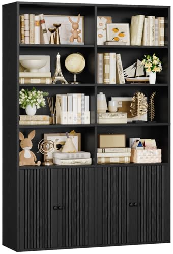IRONCK Bookcase with doors, 180cm Tall Bookshelf, 6 Tier Living Room Bookcases, 8 Open Compartments, Free Standing Display Shelf, Wooden Shelving Storage Unit for Home Office 108×30×180cm (Black)