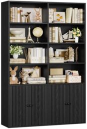 IRONCK Bookcase with doors, 180cm Tall Bookshelf, 6 Tier Living Room Bookcases, 8 Open Compartments, Free Standing Display Shelf, Wooden Shelving Storage Unit for Home Office 108×30×180cm (Black)