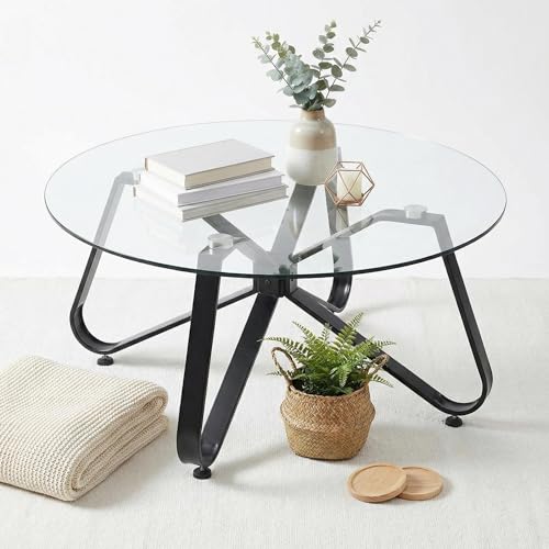FurnitureR Class Activity Table 80cm Round Glass Top,Flower Hook Base Metal Leg