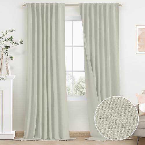 SimpleHome 100% Blackout Linen Cream Living Room Curtains 52W x 84L - Farmhouse Back Tab Living Room Curtains,Textured Rod Pocket Bedroom Curtains,2 Panels Room Darkening Curtains,84 Inches Long