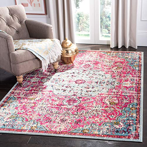 Safavieh Boho Rug for Living Room, Dining Room, Bedroom - Madison Collection, Short Pile, in Fuchsia and Teal, 120 x 120 cm
