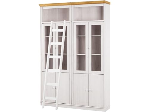 Anita Wall Unit J with 2 Bookcases, 4 Glass Doors, 4 Wooden Doors, and 1 Ladder in White Honey, 148 x 34 x 223 cm (W x D x H)