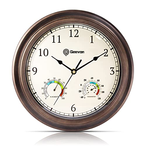 Geevon Wall Clock Non Ticking 12 Inch with Hygrometer and Thermometer Combo,Battery Operated Quartz Decorative Large Wall Clocks for Home,Living Room,Office,Classroom,Kitchen,Bedroom Wall Decor