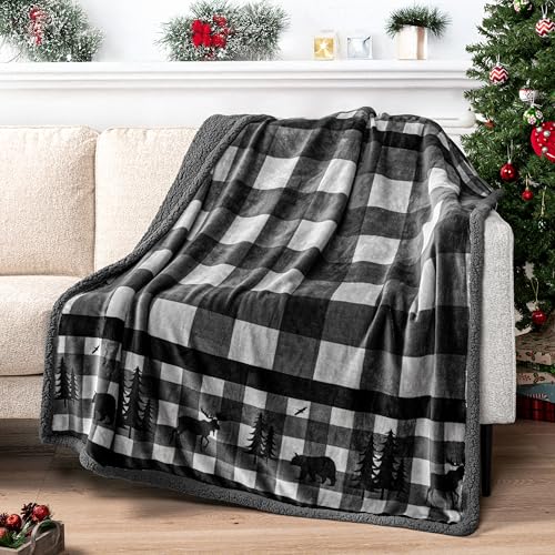 PAVILIA Winter Cabin Sherpa Throw Blanket Soft Fleece Cozy Grey Christmas Blanket Reversible 50 x 60 Inch Warm Plush Rustic Plaid for Couch Bed Family Friends