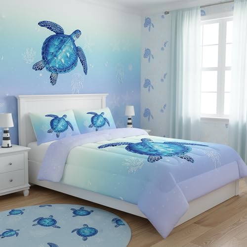 QOOMO Turtle Comforter Twin Size, Ocean Bedding Set for Kids Teens Girls Boys, 3Pcs Printed Comforter with 2 Pillowcases, Down Alternative, Soft and Lightweight (Blue, Twin Size)