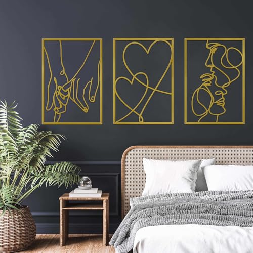 ESTART 3 Pieces Metal Minimalist Line Wall Art, Valentine's Day Lover Kiss Hand Metal Wall Decor, Aesthetic Modern Home Hanging Wall Art Decor for Bedroom Bathroom Living Room (Gold)
