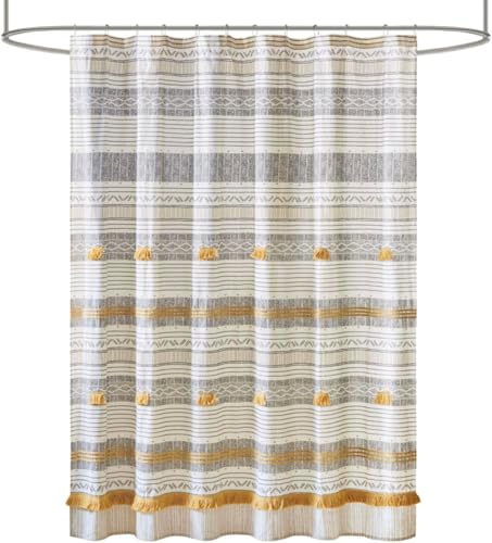 "INK+IVY Cody 100% Cotton Shower Curtain, Boho Chic Printed Striped with Tassel Pompom, Fringes Trim, Modern Bathroom Décor, Machine Washable 72"" x 72"" Grey/Yellow"