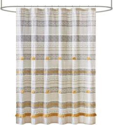 "INK+IVY Cody 100% Cotton Shower Curtain, Boho Chic Printed Striped with Tassel Pompom, Fringes Trim, Modern Bathroom Décor, Machine Washable 72"" x 72"" Grey/Yellow"