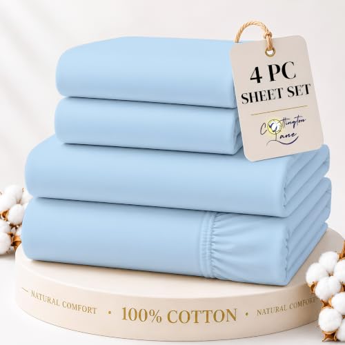 Cottington Lane 100% Cotton California King Sheet Set, 4 Piece Sky Blue Luxury Hotel Quality Sheets, Deep Pocket Fits 8-16 Inch Mattress, Soft, Durable, Cooling & Breathable Bedding for Cal King Bed