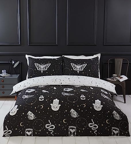 Rapport Home Gothic Magick Duvet Cover Set - Double Black Skull Moon Stars Bedding with 2 Pillowcases - Soft 100% Polyester Easy Care Duvet Cover 200x200cm