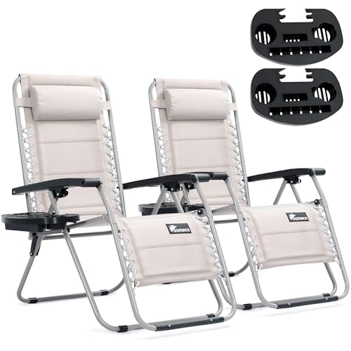 SUNMER Sun Lounger Padded Garden Chairs - Set of 2 Zero Gravity Chairs with Cup & Phone Holder, Adjustable Headrest & Pillow - 30° to 90° Folding Deck Recliner - Professional Outdoor Seating - Grey