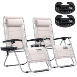 SUNMER Sun Lounger Padded Garden Chairs - Set of 2 Zero Gravity Chairs with Cup & Phone Holder, Adjustable Headrest & Pillow - 30° to 90° Folding Deck Recliner - Professional Outdoor Seating - Grey