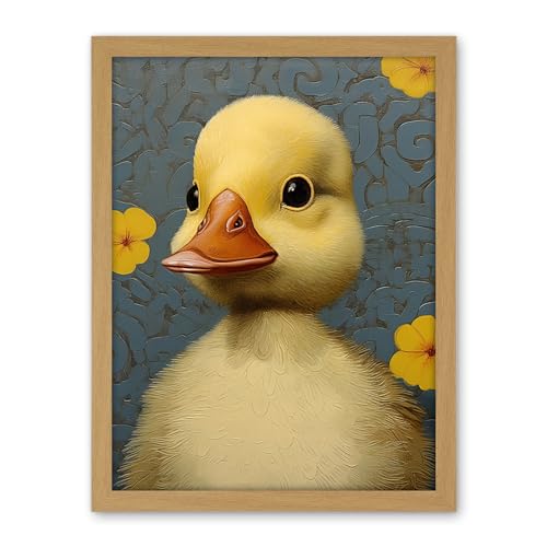 Artery8 Duckling with Flowers Oil Painting Kids Bedroom Baby Nursery Duck Artwork Framed Wall Art Print 18X24 Inch