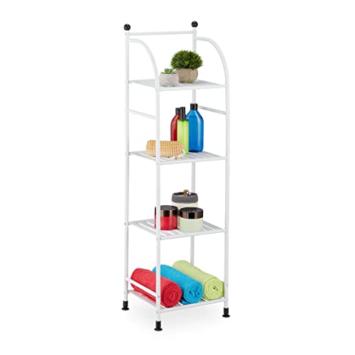 Relaxdays Narrow Storage Unit, 115 X 33 X 28 cm, Kitchen & Bathroom Shelf, 4 Lattice Trays, Metal Standing Tower, White