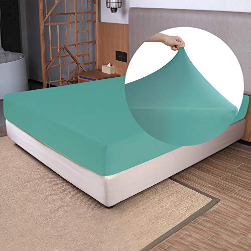 "Soft Stretch Twin Size Fitted Sheet Only - 4-Way Stretchy Jersey Knit, T-Shirt Feeling & Ultra Soft, Wrinkle Free, Non-Slip & Snug Fit for Mattress (Deep: 5""-16"") - Aqua, Twin"