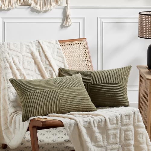 Fancy Homi 2 Packs Olive Green Lumbar Pillow Covers Decorative Pillow Covers for Living Room Couch Bed Farmhouse Boho Home Decor Soft Striped Rectangle Corduroy Accent Cushion Cover 30x50cm