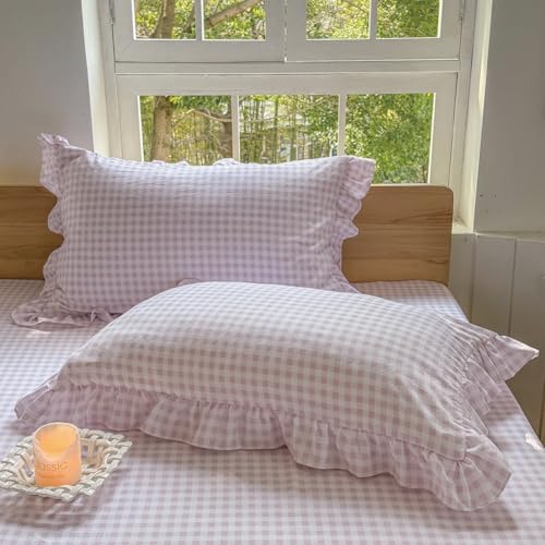"NSNLGSGC Pink Gingham King Size Pillow Shams 20""x36"", Set of 2 - Ruffled Plaid, Blue Checked, Pre-Washed Microfiber, Farmhouse Pillowcases for Bed/Sofa"