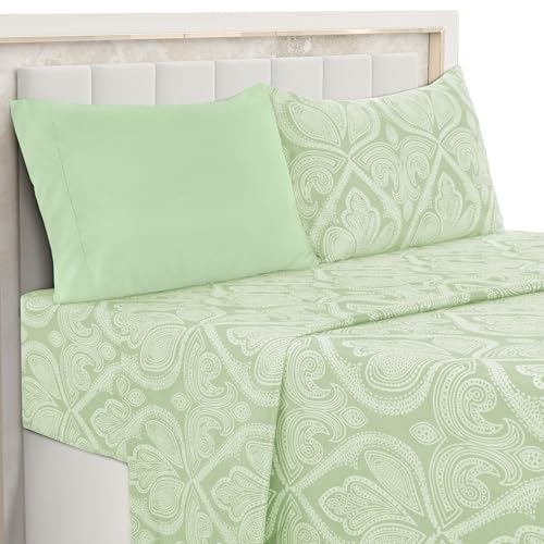 "Ultra Soft Wrinkle-Free Microfiber Paisley Twin XL Sheet Set, Cute Floral Pattern Boho Print ??? 16"" Deep Pocket Fitted Sheet, Flat Sheet & 2 Pillowcases, Breathable, OEKO-TEX - Sage Green"