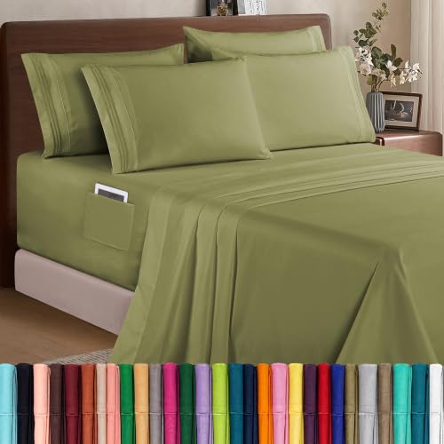 Elegant Comfort 1500 Premium Quality 6-Piece Bed Sheet Set - 18-24 Inch Extra Deep Pocket, Smart Storage Pockets, Wrinkle Free Ultra Soft 6PC Extra Deep Pocket Sheets, California King, Green