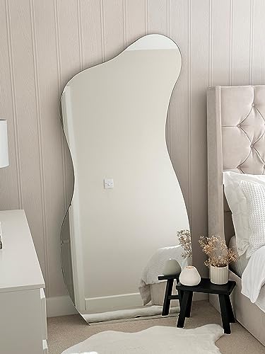 "MirrorOutlet The Lacuna - Frameless Modern Full Length Pond Leaner/Wall Mirror 67"" X 32"" (170CM X 80CM) Silver Mirror Glass with Black wooden Backing - Polished Edging"