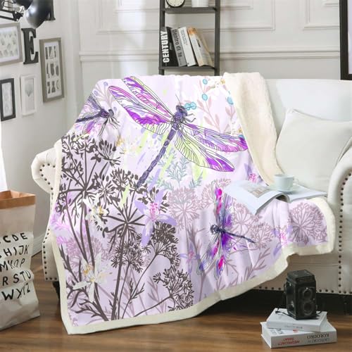 Feelyou Dragonfly Sherpa Blanket Queen 90x90 Inches Botanical Floral Fleece Throw Blanket for Kids Girls Teens Women Bedroom Decor Nature Animals Branches for Sofa Bed Couch Purple
